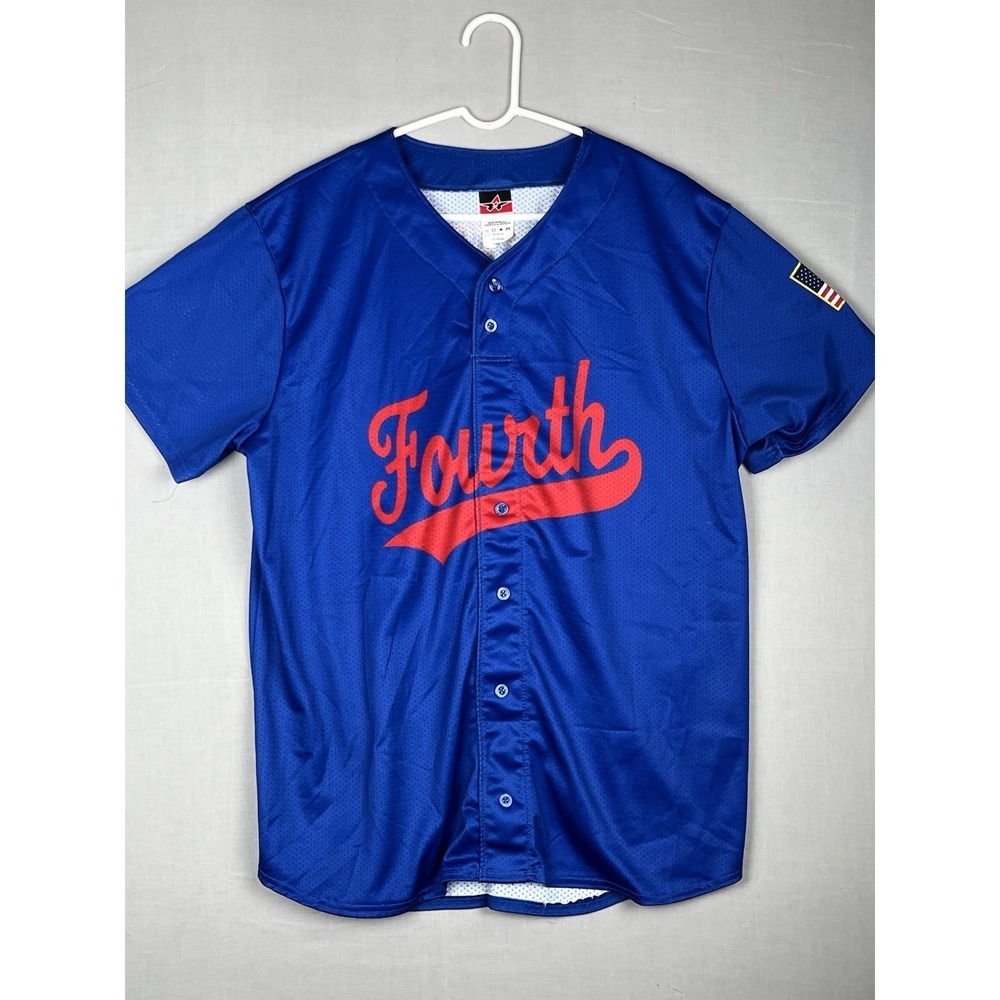 Alleson Athletic Baseball Jersey Mens Large Blue Fourth Of July USA Flag Button